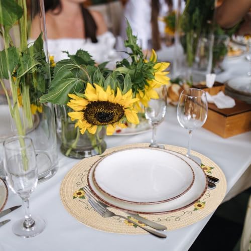 Whaline 4Pcs Sunflower Embroidered Placemats Spring Summer Floral Round Place Mats Dinner Table Mats for Home Holiday Birthday Baby Shower Party Decor