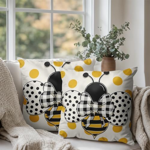 Summer Bumblebee Throw Pillow Covers 20x20 Set of 2 Polka Dot Bee Decorative Pillow Cases Yellow Honeybee Outdoor Farmhouse Cushion Cover for Home Couch Sofa Decor