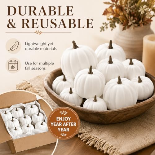 12-Pack Artificial White Mini Pumpkins in 3 Sizes for Fall Decorations