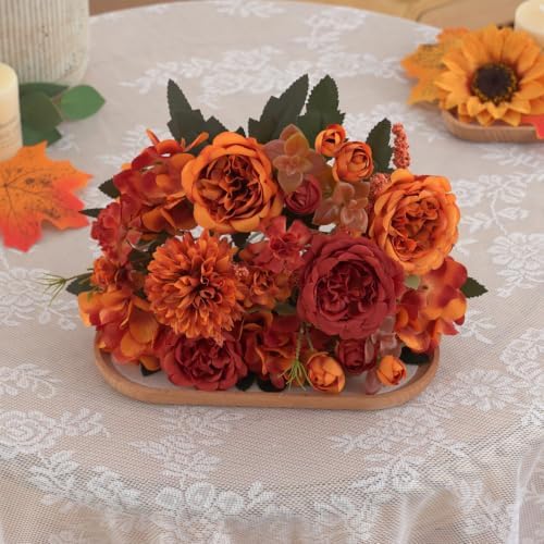 2 Pcs Fall Artificial Peony Hydrangea Bouquet, Burnt Orange Red Silk Faux Flower, Autumn Faux Floral Arrangements for Wedding Table Centerpiece Thanksgiving Halloween Farmhouse Indoor Outdoor Decor