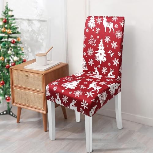 Red Christmas Chair Covers Set of 4,Winter Christmas Tree Snowflake Elk Chair Protectors,Elastic Removable Washable Dining Chair Covers for Winter Christmas Kitchen Dining Room Holiday Decor