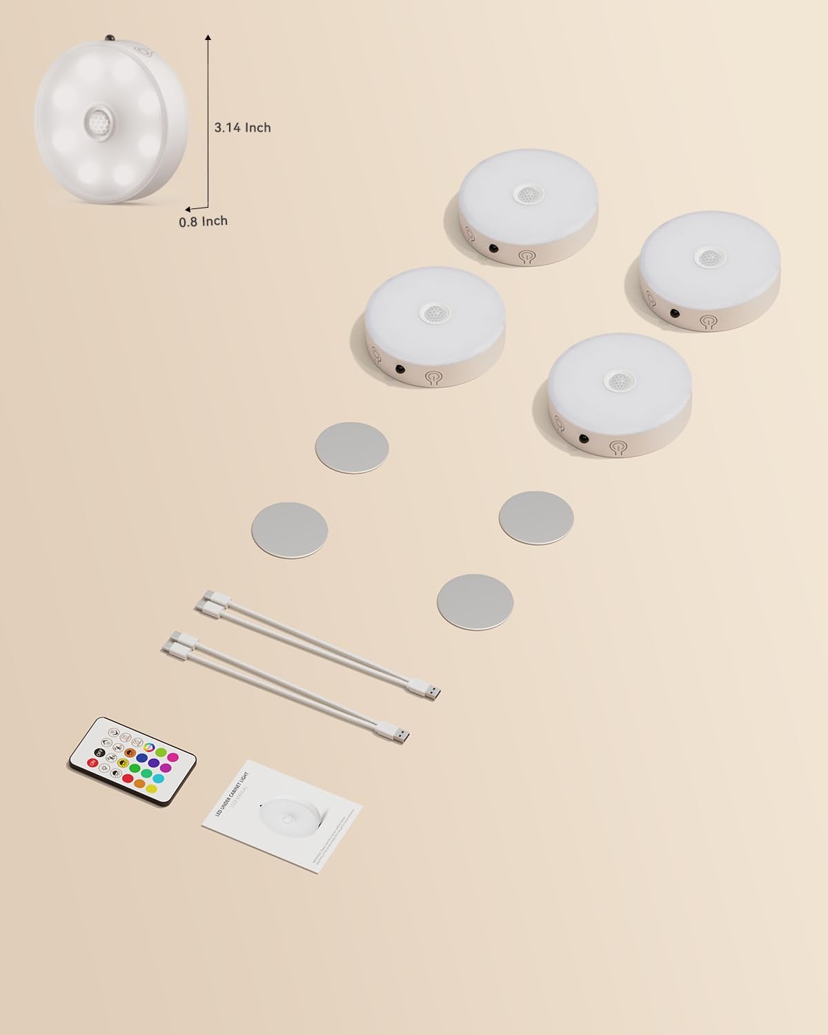 LENOMA Puck Lights with Remote 4 Pack Rechargeable Under Cabinet Lighting | 3 Color Temps 12 RGB Color LED Motion