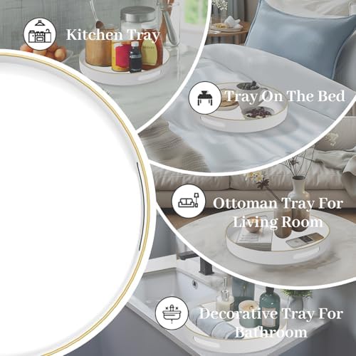 MAONAME 13" White Decorative Tray, Plastic Round Serving Tray with Handles