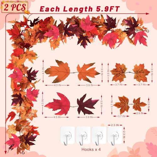 2Pack 11.8FT Fall Maple Leaf Garland for Mantle Thanksgiving Decorations