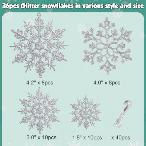 36pcs Christmas Silver Snowflake Ornaments Plastic Glitter Snow Flakes Ornaments for Winter Christmas Tree Decorations Size Varies Craft Snowflakes