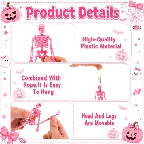 24 Pcs Pink Halloween Mini Skeleton, 6" Posable Skeleton Hanging Decor