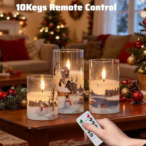 Wondise Chrismtas Snowman Glass Flameless Candles with Remote Timer