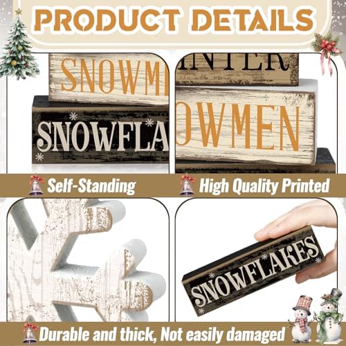 Moucuny 4 Pcs Wooden Block Signs Winter Tiered Tray Decor Farmhouse
