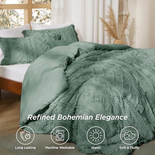 Bedsure Tufted Boho Comforter Set Queen Size - Green Boho Bed Set, GentleSoft™ 3 Pieces Farmhouse-Style Embroidery