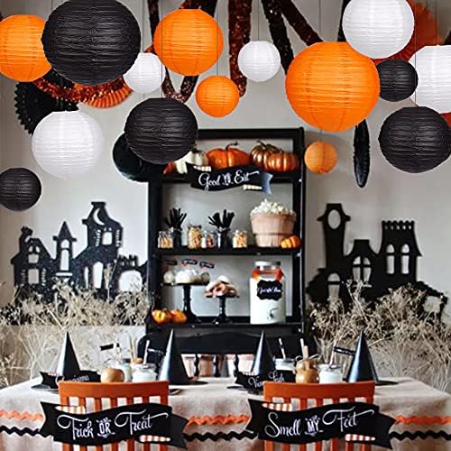 Round Hanging Paper Lanterns Orange and Black Party Decorations 15pcs
