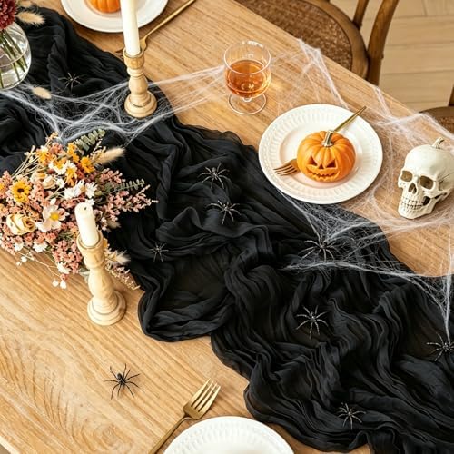3Pcs Black Table Runner, 10FT Black Cheesecloth Halloween Table Runner 35*120inch Boho Runner for Halloween Indoor Table Kitchen Party Decorations