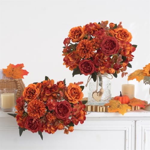 2 Pcs Fall Artificial Peony Hydrangea Bouquet, Burnt Orange Red Silk Faux Flower, Autumn Faux Floral Arrangements for Wedding Table Centerpiece Thanksgiving Halloween Farmhouse Indoor Outdoor Decor