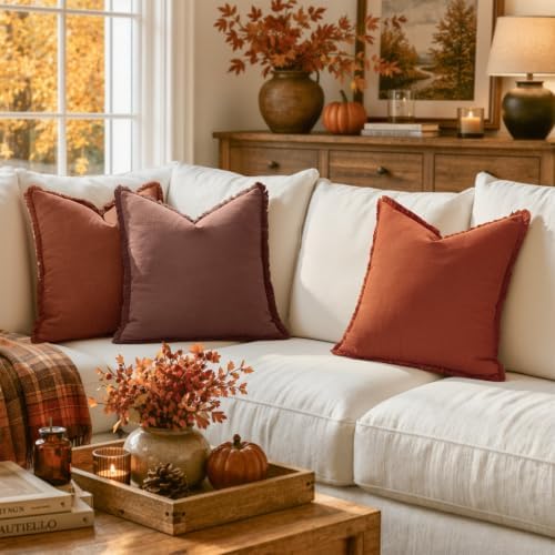 MIULEE Linen Fringe Decorative Fall Throw Pillow Covers Burnt Orange 18x18