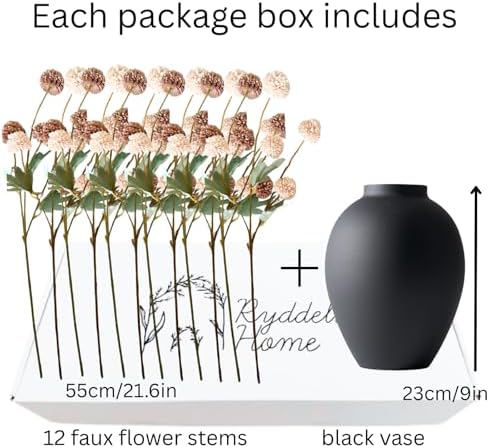 RyddeligHome 12 Stems Fake Mum Flowers with Black Vase for Home Decor