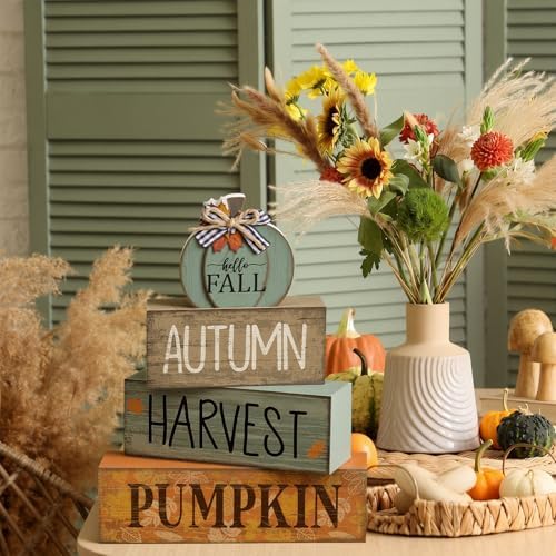 Lineshading 4 Pcs Fall Wood Block Signs Pumpkin Harvest Tiered Tray Decor