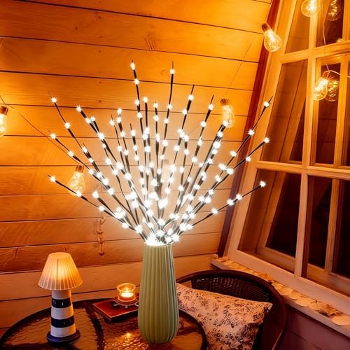 DK177 4 Pack LED Branch Light Battery Operated Lighted Branch Vase Filler Willow Tree Artificial Little Twig Power Brown 30 Inch 20 LED for Home Romantic Decoration, White