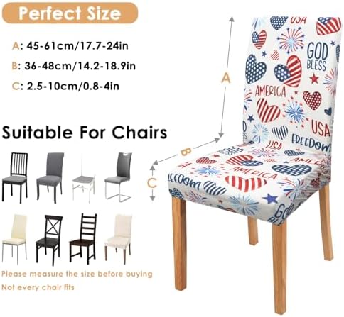 Independence Day Dining Room Chair Covers Set of 6,4th of July Fireworks Hearts Dining Chair Cover,Stretchy Removable Washable Dining Chair Cover,Suitable for 4th of July Kitchen Dining Room Decor