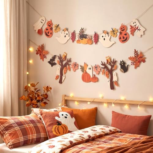 Halloween Fall Decorations - 2PCS Cute Little Ghost and Pumpkin Maple Leaves Paper Banner Bunting