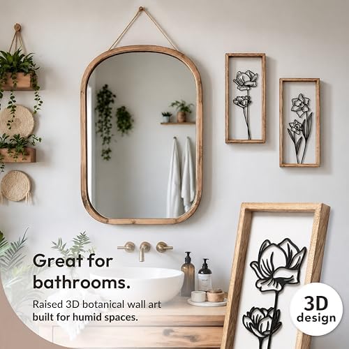 3D Black and White Wall Art (Set of 2) Lightweight, Wooden Ready-to-Hang Framed Floral Wall Art for Bathroom, Bedroom