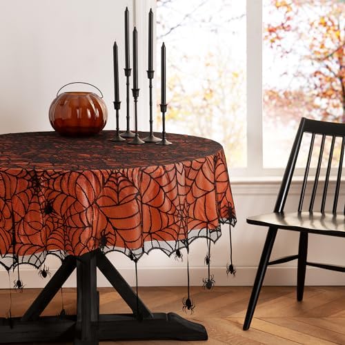 Crawling Halloween Spider Lace Lined Tablecloth, Black - 70" W x 70" L Round