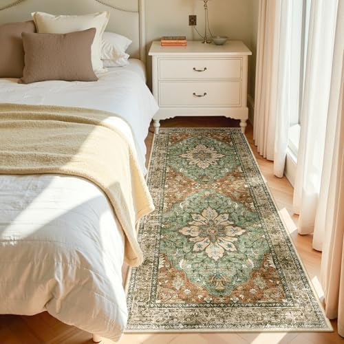 RELEANY Washable Area Rug, Runner 3'x6', Brick/Brown/Green