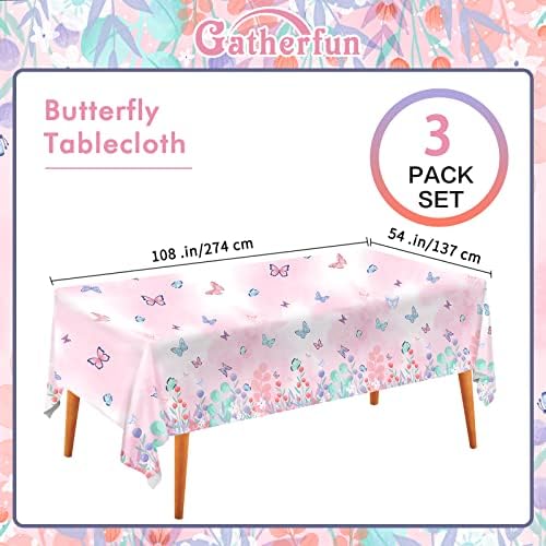 Gatherfun Butterfly Disposable Tablecloth, Plastic Table Cover for Kid’s Birthday Party, 3 PCS, 54”x 108”