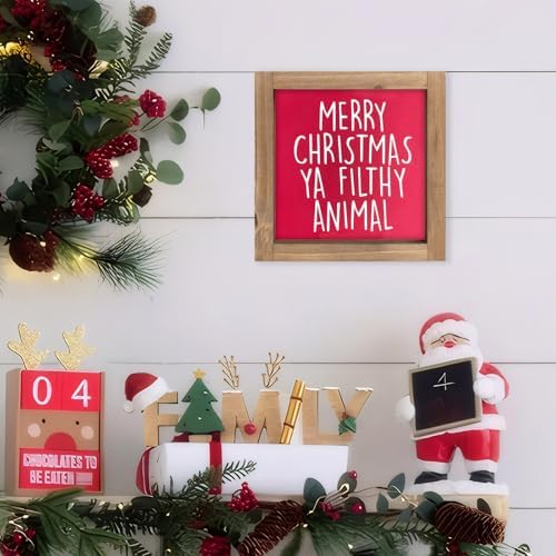 Merry Christmas Ya Filthy Animal Sign, Wooden Funny Xmas Decorative Signage Decor, Holiday Indoor Table Shelf Desk Bathroom Mantel Tiered Tray Wall Art Rustic Farmhouse Decorations for Home