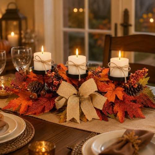 Fall Candle Holder Centerpiece with Maple Leaves, Pinecones, Berries & Burlap Bow,Thanksgiving Table Centerpiece Decoration for Dining Table, Mantel & Autumn Harvest Home Décor