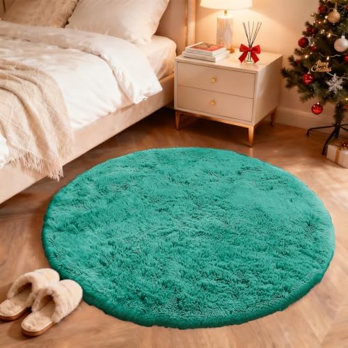 OLANLY Teal Green Round Rugs for Bedroom - Machine Washable, 4 ft Circle Area Rugs for Living Room, Soft and Fluffy