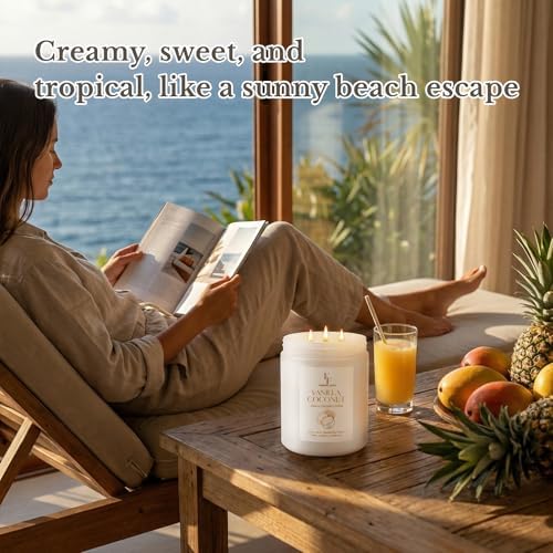 Vanilla Coconut Large Scented Candle, 3-Wick 22oz Long Lasting Scented Candle, Natural Soy Wax Aromatherapy Candle for