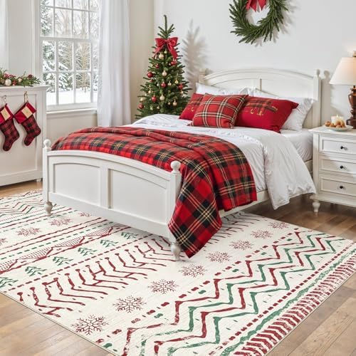 Nakagishi Christmas Rugs: 5x7 Washable Abstract Large Neutral Soft Rug Stain Resistant Modern Indoor Floor Non-Slip