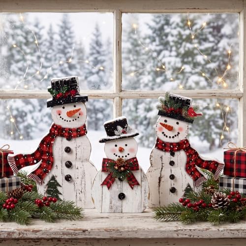 Barydat 3 Pcs Snowman Christmas Decorations Rustic Wooden Indoor Decor