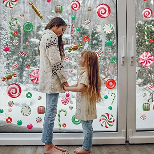 WALPLUS Christmas Window Clings Christmas Decorations Clearance Christmas Wall Sticker Double-Sided Reusable Peel and Stick Removable for Glass Living Room Xmas Peppermint Candy and Sweets 46 Pieces