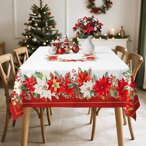 Christmas Floral Polyester Tablecloth, Red, 60 x 104 inch