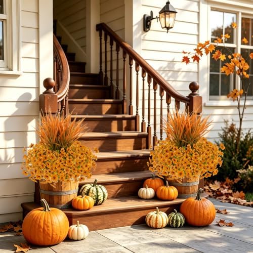 15 PCS Artificial Fall Flowers for Outdoors, Five-Petaled Faux Silk Mums