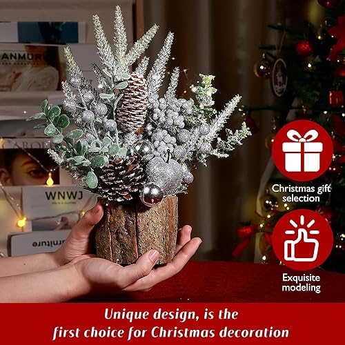 Small Christmas Tree Tabletop Artificial Mini Christmas Tree Decorations with Holiday Ornaments Red Berry Pine Cone Greenery for Home Indoor Fireplace Mantel Xmas Decor (Tree Stump-Silver)