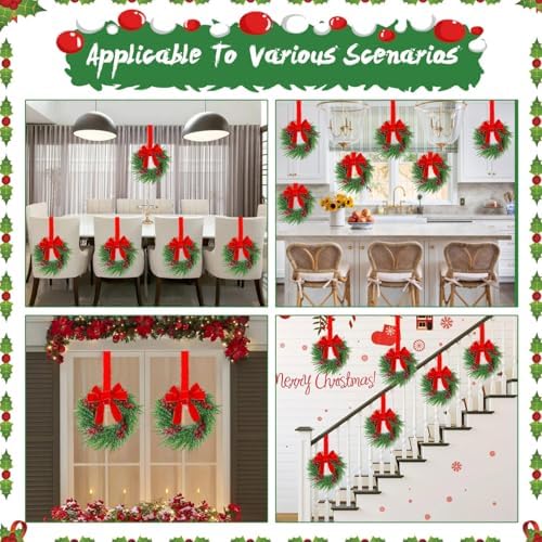 YoleShy 6 Pcs Small Christmas Wreath 12'' Mini Wreaths for Kitchen Cabinet Wreaths with Berry & Red Velvet Bow Ribbon Window Wreath Christmas Xmas Farmhouse Decoration for Front Door Chair Wall