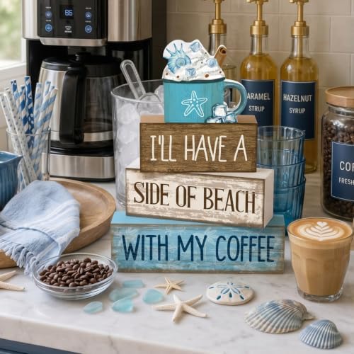 Lineshading 4 Pcs Beach Coastal Wooden Block Signs with Coffee Cup Summer