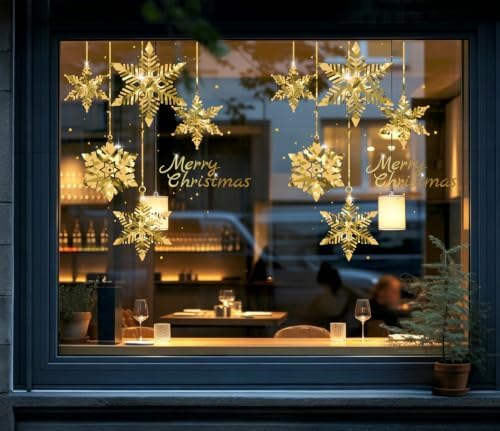 Christmas Tree Window Clings Stickers for Glass, Golden Christmas Snowflake Windows Static Stickers, DIY Wall Window Door Mural Showcase Decal Sticker (2 Pack Style B)