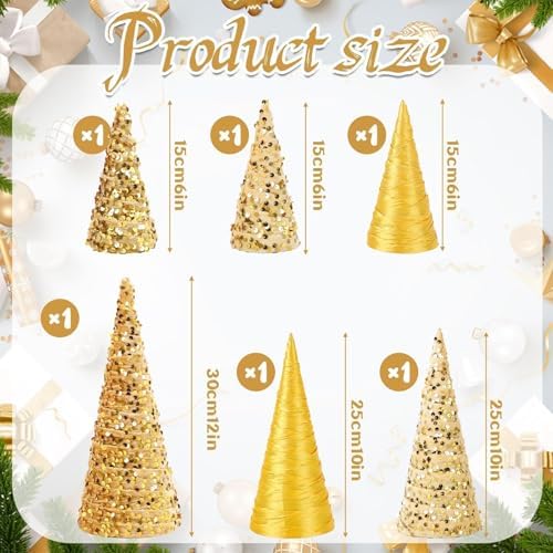 6 Pcs 12" 10" 6" Christmas Cone Tree Decorations Velvet Christmas Silk Gold Glitter Table Decor Farmhouse Flocked Tiered Tray Ornament Xmas Tree for Home Holiday Entryway Tabletop Centerpiece Decor
