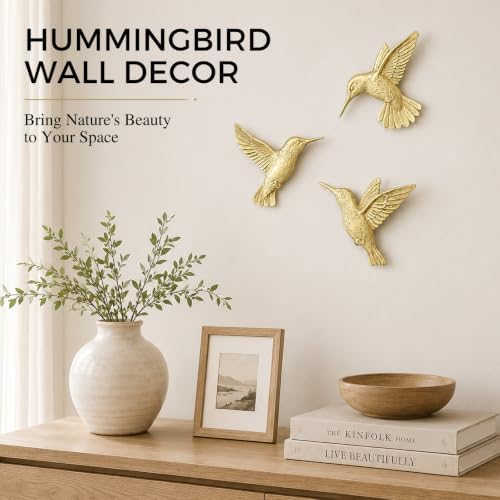 GUSFREUD 3D Hummingbird Wall Decor Set - Gold Resin Bird Wall Decor for Living Room, Bedroom and Gallery Walls