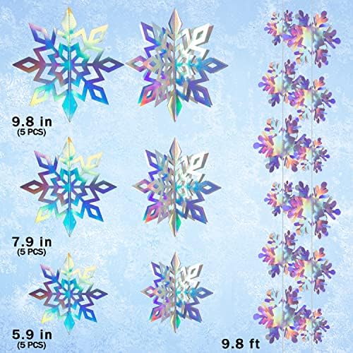 27PCS Christmas Hanging Snowflakes 3D Paper Snowflakes Christmas Tree Decorations Hanging Snowflake Decorations for Winter Wonderland Christmas Indoor Outdoor Holiday Decor (27, Iridescent)