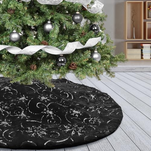 Christmas Tree Skirt Black 30 inch Silver Christmas Tree Skirt Snowflakes Faux Fur for Xmas Holiday Home Party Decorations