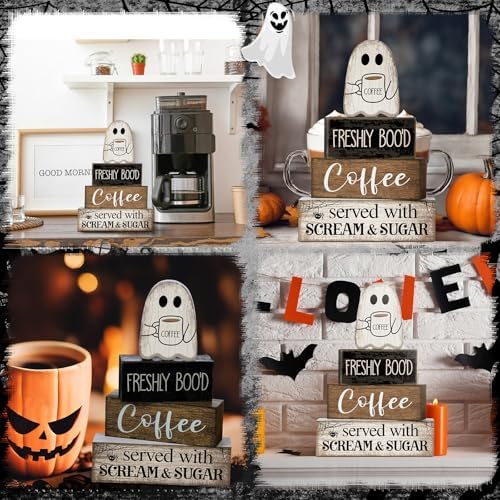 Lineshading 4 Pcs Halloween Coffee Table Decor Wooden Ghost Coffee Bar Sign