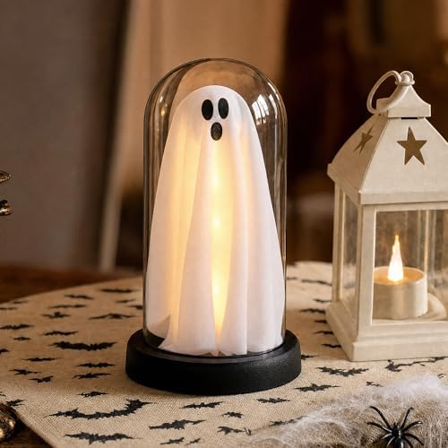 Halloween Decor-Halloween Decorations Indoor-Light Up Ghost in Glass Cloche
