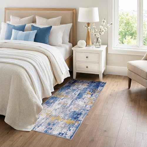 RELEANY Washable Runner 3'x6' Abstract Area Rug for Hallway Blue Gold