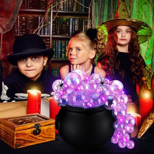 Jenaai 96 Pcs Halloween Bubbling Cauldron Set with 40 Ball Ornaments 2 Lights String 20 g Spider Webs 2 Fake Spider 50 Adhesive Points for Party (Purple, Pink)