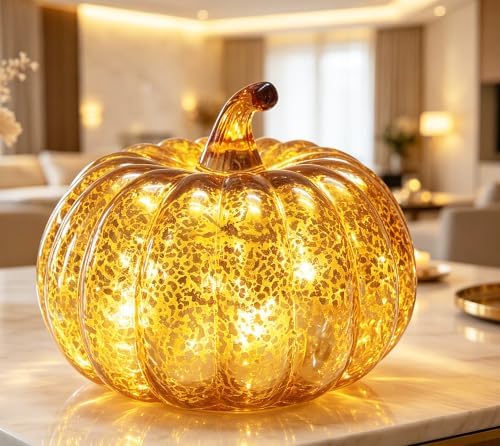 Fall Decor for Home,Mercury Glass Pumpkin Lights with Timer(Chocolate)