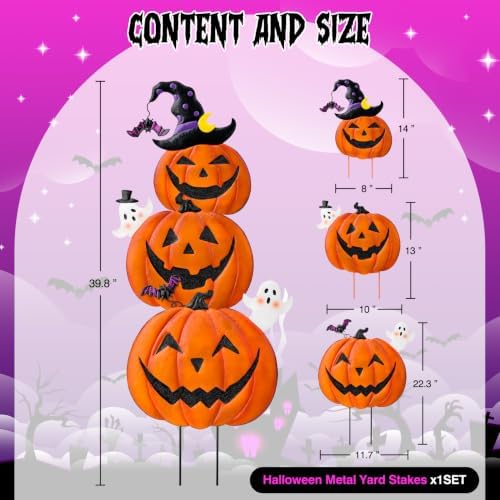 39.8" Halloween Garden Stakes, Stacked Metal Pumpkins Jack-o-Lantern Lawn Decor with Witch Hat, Shimmering Metal Yard Signs Stake Outdoor Decorative Pumpkin for Home Lawn Pathway Decor
