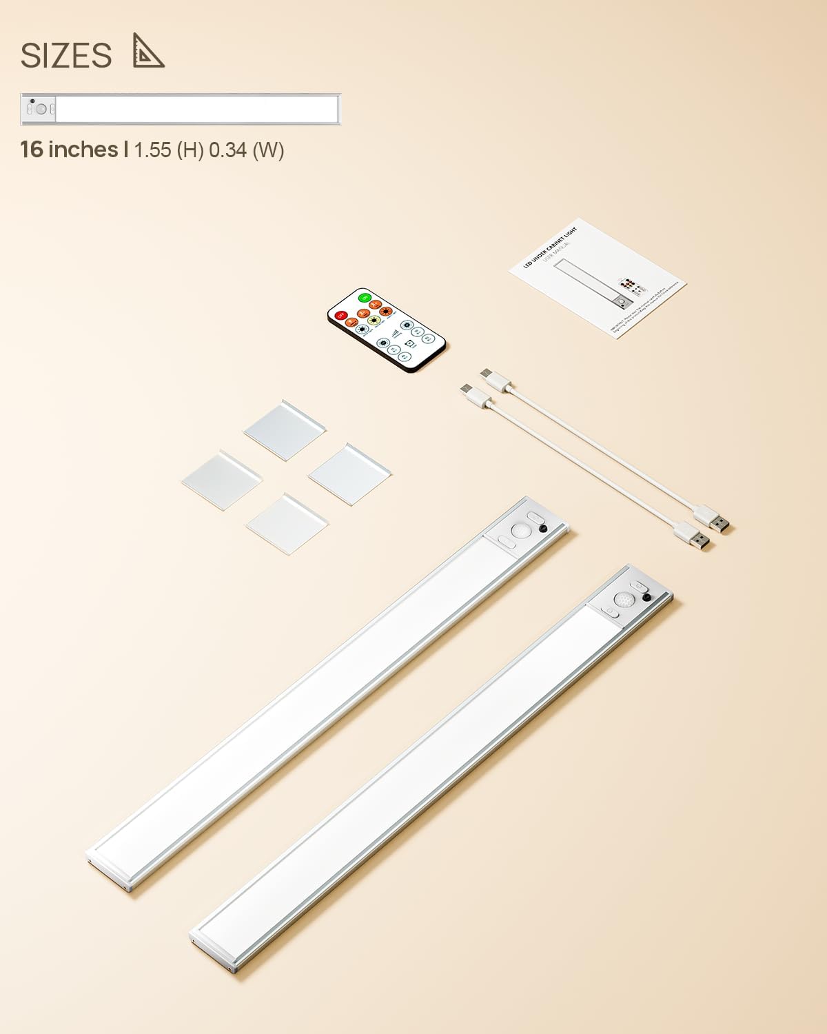 16inch Under Cabinet Lighting Wireless 2 Pack, Motion Sensor Light Indoor | 4000mAh Rechargeable LED Closet Lights with